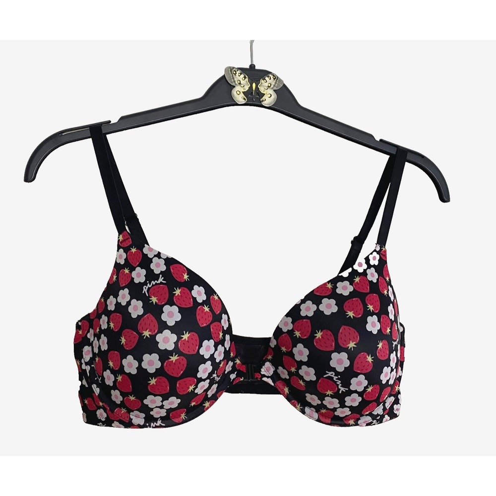PINK Victorias Secret Womens 36D Push Up Bra Gray Front Close Lace Underwire